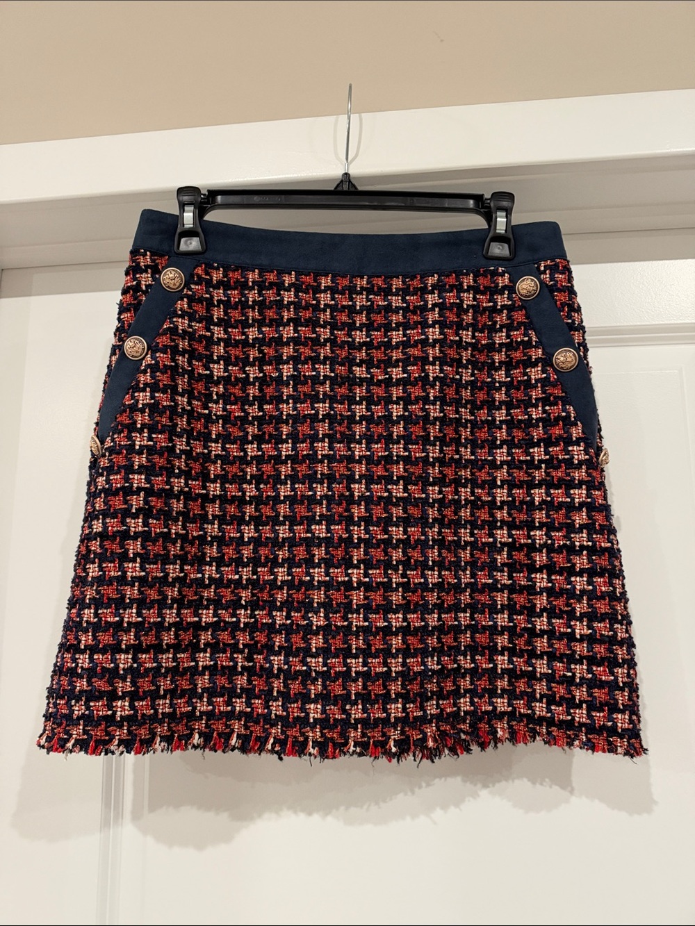 Judith March Navy and Red Tweed Mini Skirt with Gold Button Detail